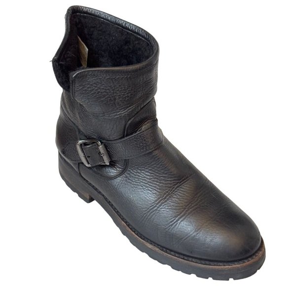 Frye Low Ankle Moto Boot 8 Black Solid Leather Shearling Womens 8M - Picture 1 of 14